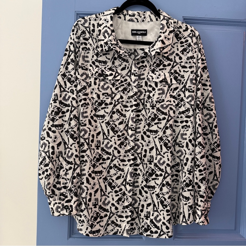 Karl Lagerfeld Black and White Iconic Pattered Blouse - XL
